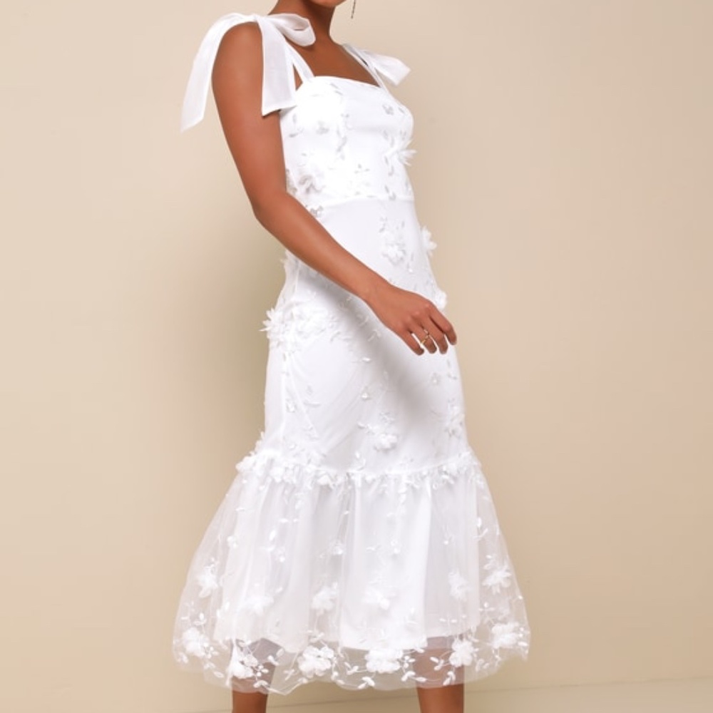 Lulus Divinely Adored White Embroidered Floral Tie-strap Midi Dress - Size M